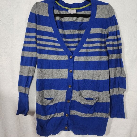 JCP Cashmere Modal Blend Long Sleeve Button Up Striped Gray Royal Blue Cardigan - Picture 1 of 6